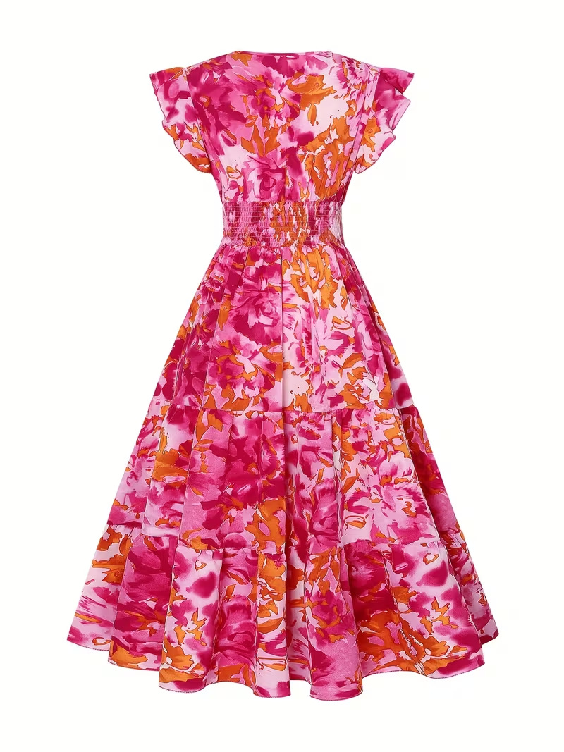 Abstract Foloral Print V Neck Ruffle Sleeve Smock Vacation Summer Going Out Maxi Dress