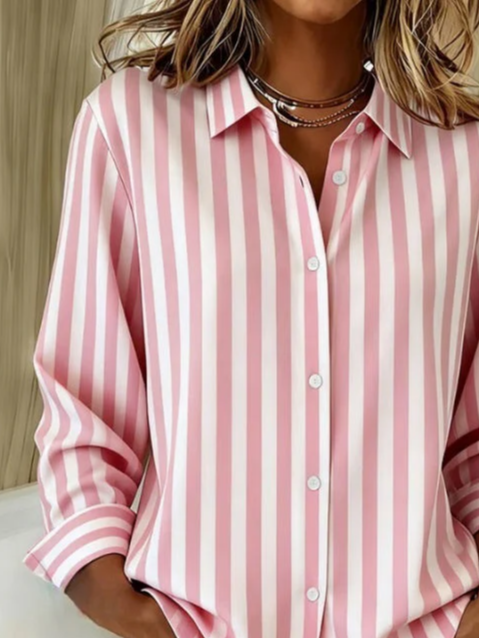 Women's Long Sleeve Shirt Spring/Fall Pink Striped Buckle Shirt Collar Regular Sleeve Daily Going Out Casual Top