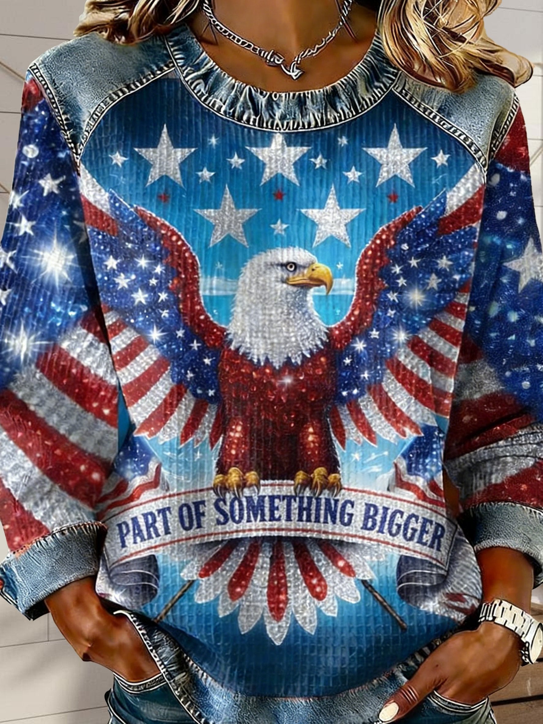 Street Denim Color Block Eagle Old Glory Round Neck Long Sleeve Independence Day Going Out Casual Sweatshirt