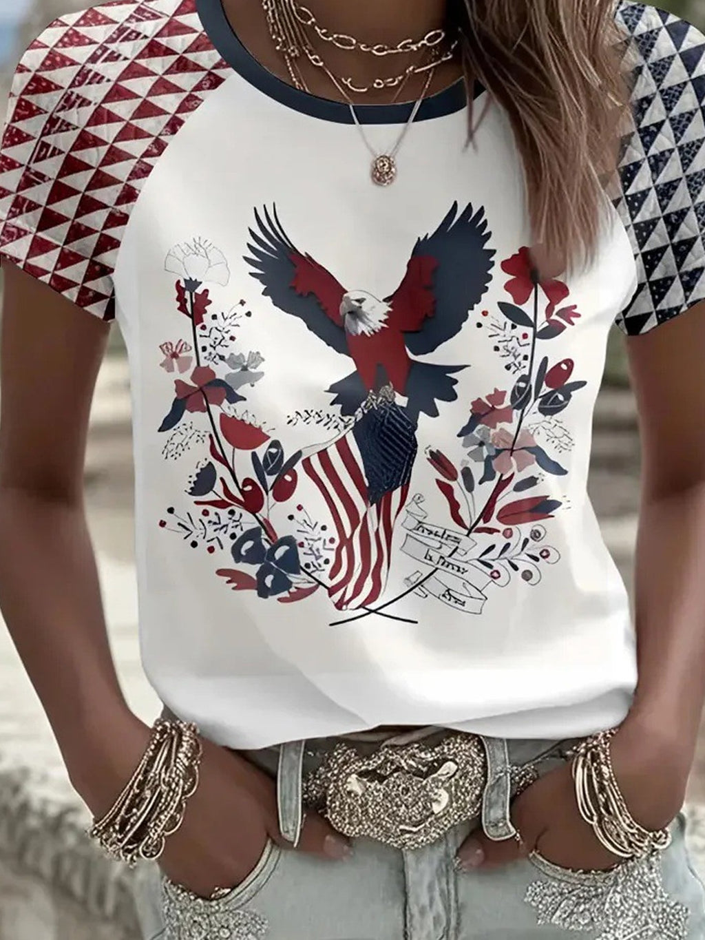 3D Printing Independence Day Vintage Crew Neck Eagle Old Glory Jersey T-Shirt