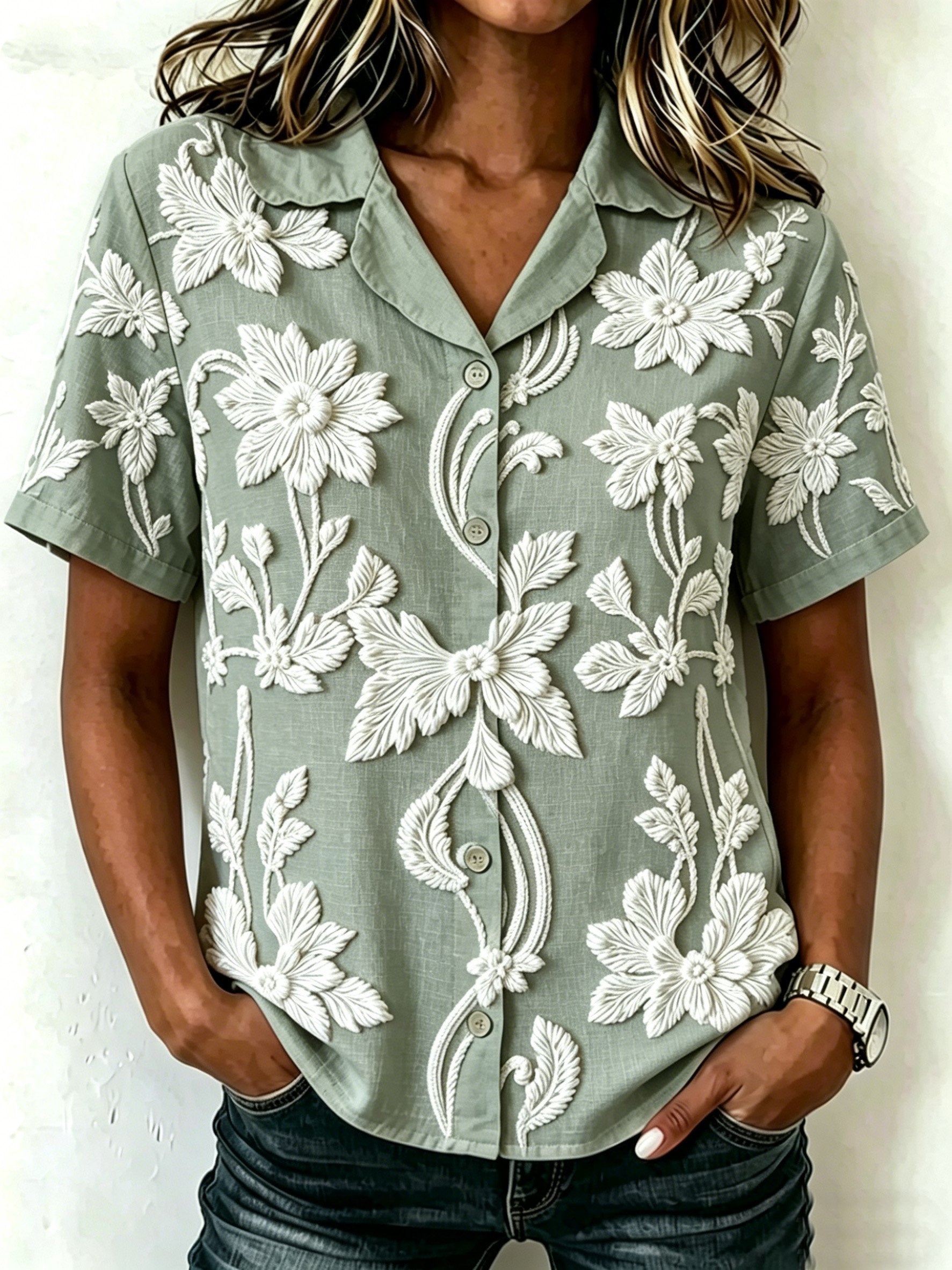 3D Printing Shawl Collar Short Sleeve Vintage Botanical Pattern Casual Shirt