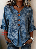 Women's Half Sleeve Blouse Summer Blue Floral Printing V Neck Daily Going Out Vintage Top