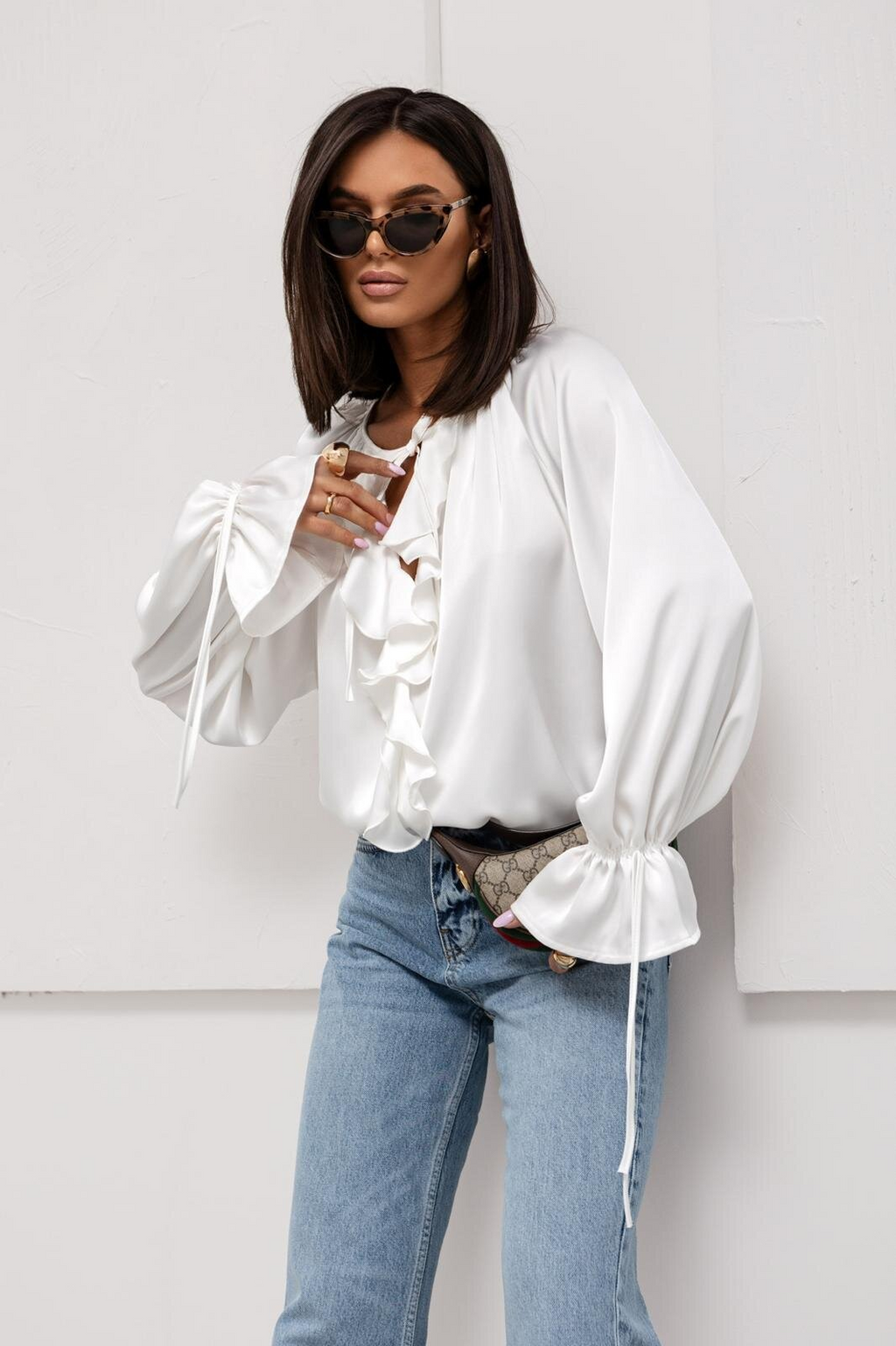 Women's Elegant Ruffled Flared Sleeve V-Neck Lace-up Blouse
