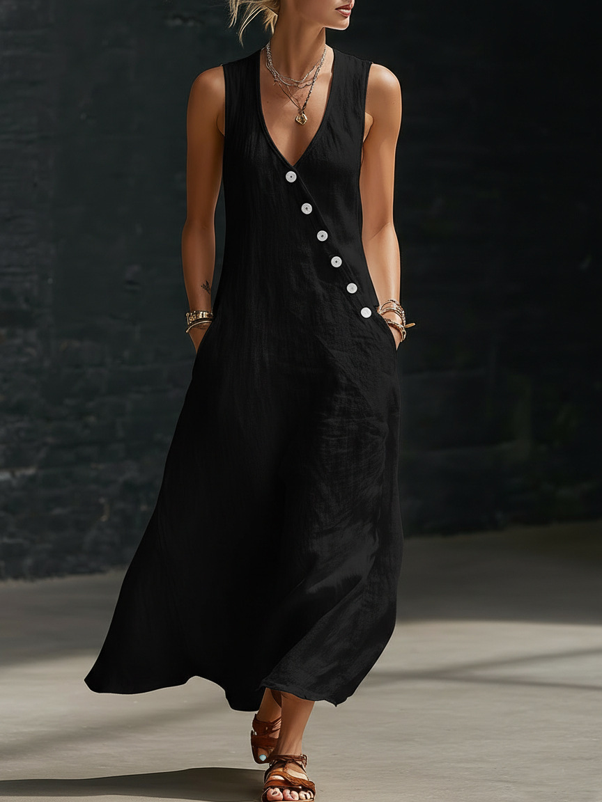 Women Cotton Linen Sleeveless V-Neck Button Vacation Going Out Maxi Dress