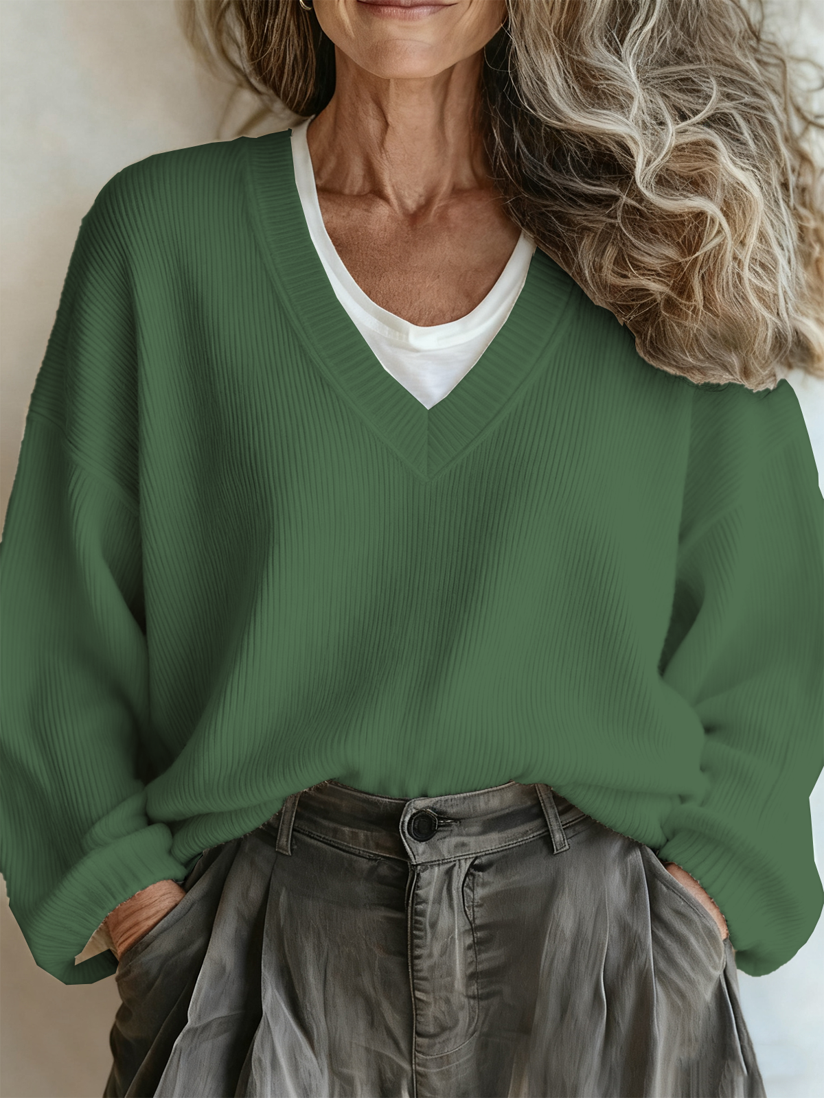 Plain Vintage V Neck Loose Sweater