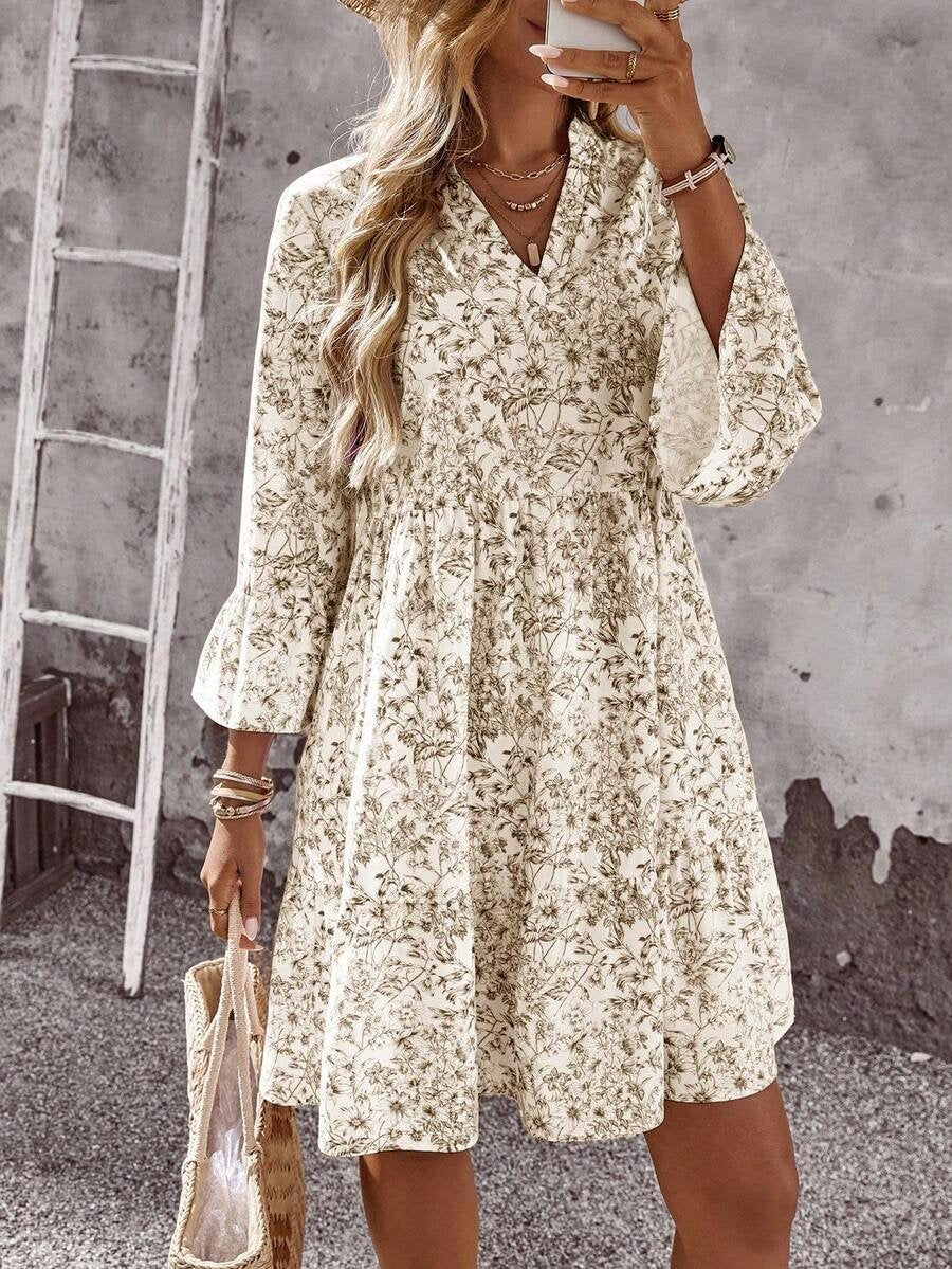 Elegant Floral V Neck 3/4 Sleeve Ruffle Tiered Mini Dress Casual Summer Flowy dress