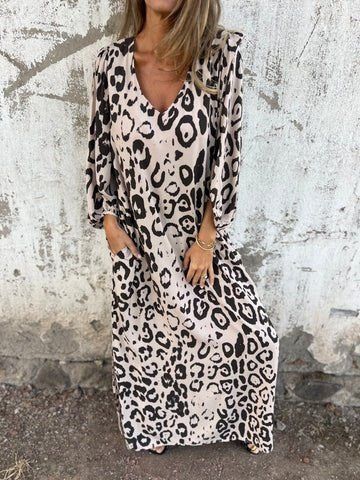 Women's Long Sleeve Spring/Fall Army Green Floral Split Joint V Neck Balloon Sleeve Daily Going Out Vintage Maxi A-Line T-Shirt Dress Dress