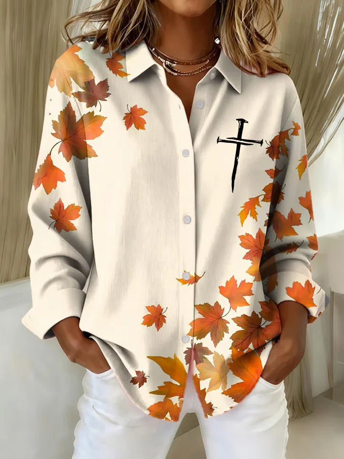 Women's Autumn Thanksgiving Fallen Leaves Cross Print Casual Lapel Shirt
