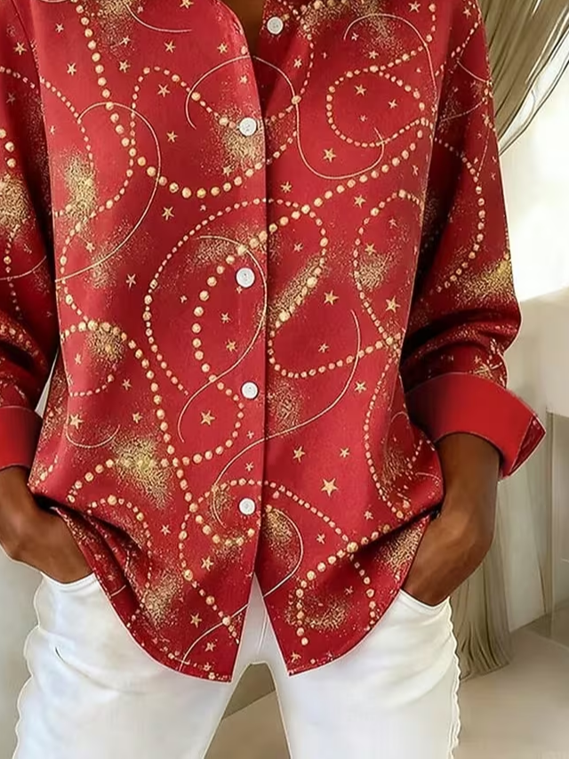 Women's Long Sleeve Shirt Spring/Fall Red Festival Buckle Shirt Collar Regular Sleeve Daily Going Out Casual Top
