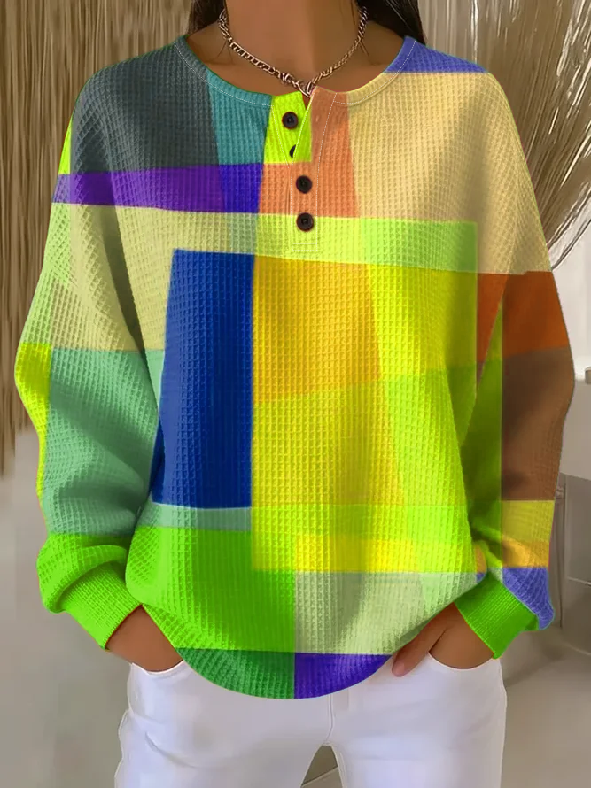 Women's Abstract Print Button-Up Casual Waffle Knit Sweatshirt