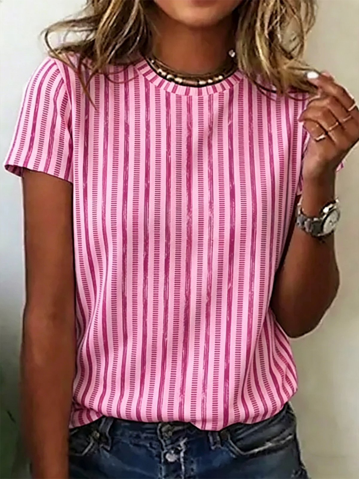 Brushstroke Stripe Print Crew Neck Short Sleeve Casual T-Shirt