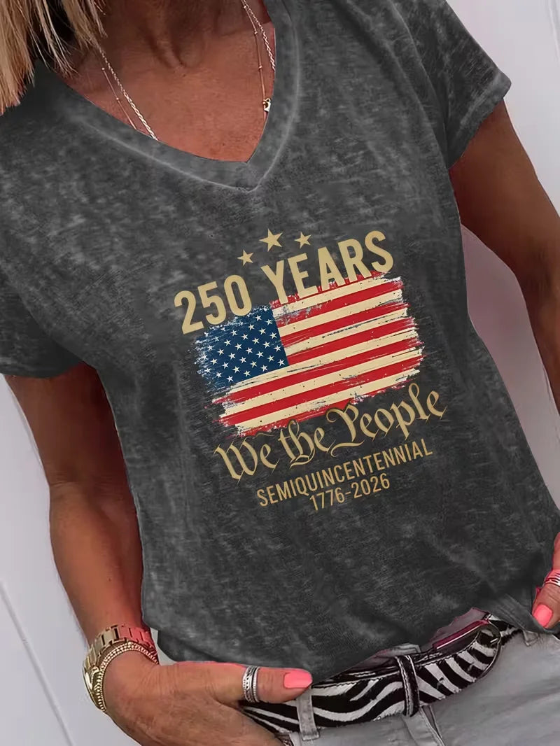 Women's USA 250th Anniversary Short Sleeve T-shirt Summer Gray Text Letters Jersey V Neck Holiday Going Out Casual Top