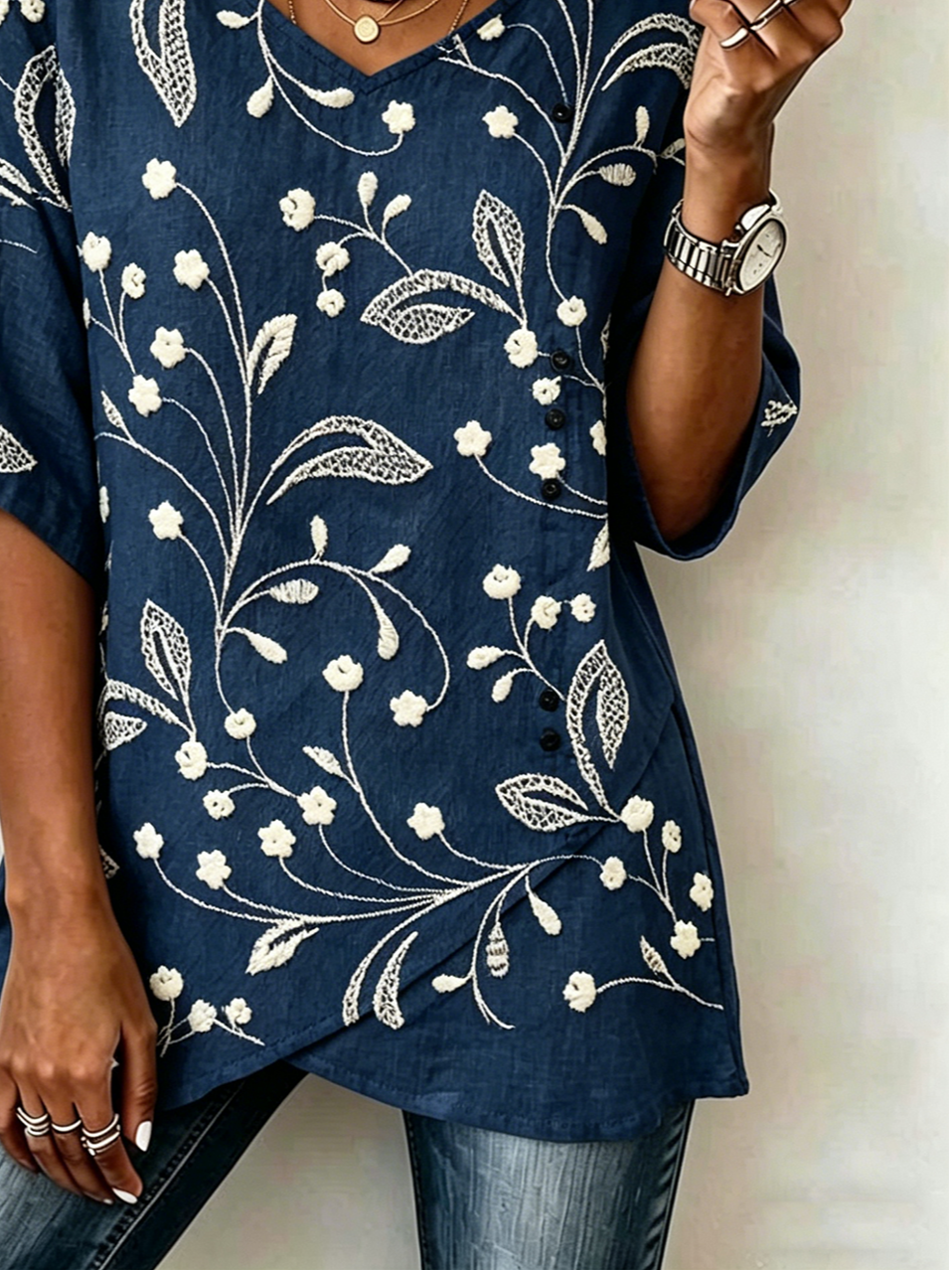Botanical Pattern V Neck Elegant Loose Shirt
