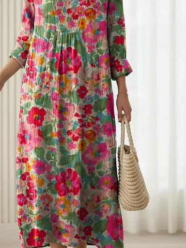 Linen Blend V Neck Casual Dress With No