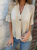 Women Casual Plain Spring/Fall Polyester Daily Regular Fit Short Sleeve Regular H-Line Knit Tops
