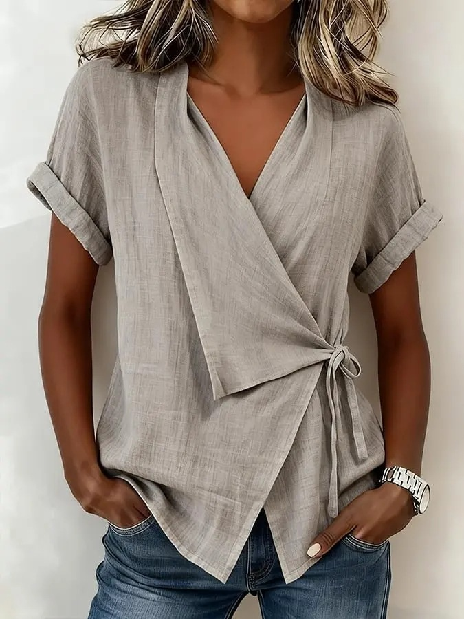 Cotton And Linen Botancial Floral Printed Wrap Detail V Neck Short Sleeve Irregularly Shaped Hem Vintage Casual Blouse