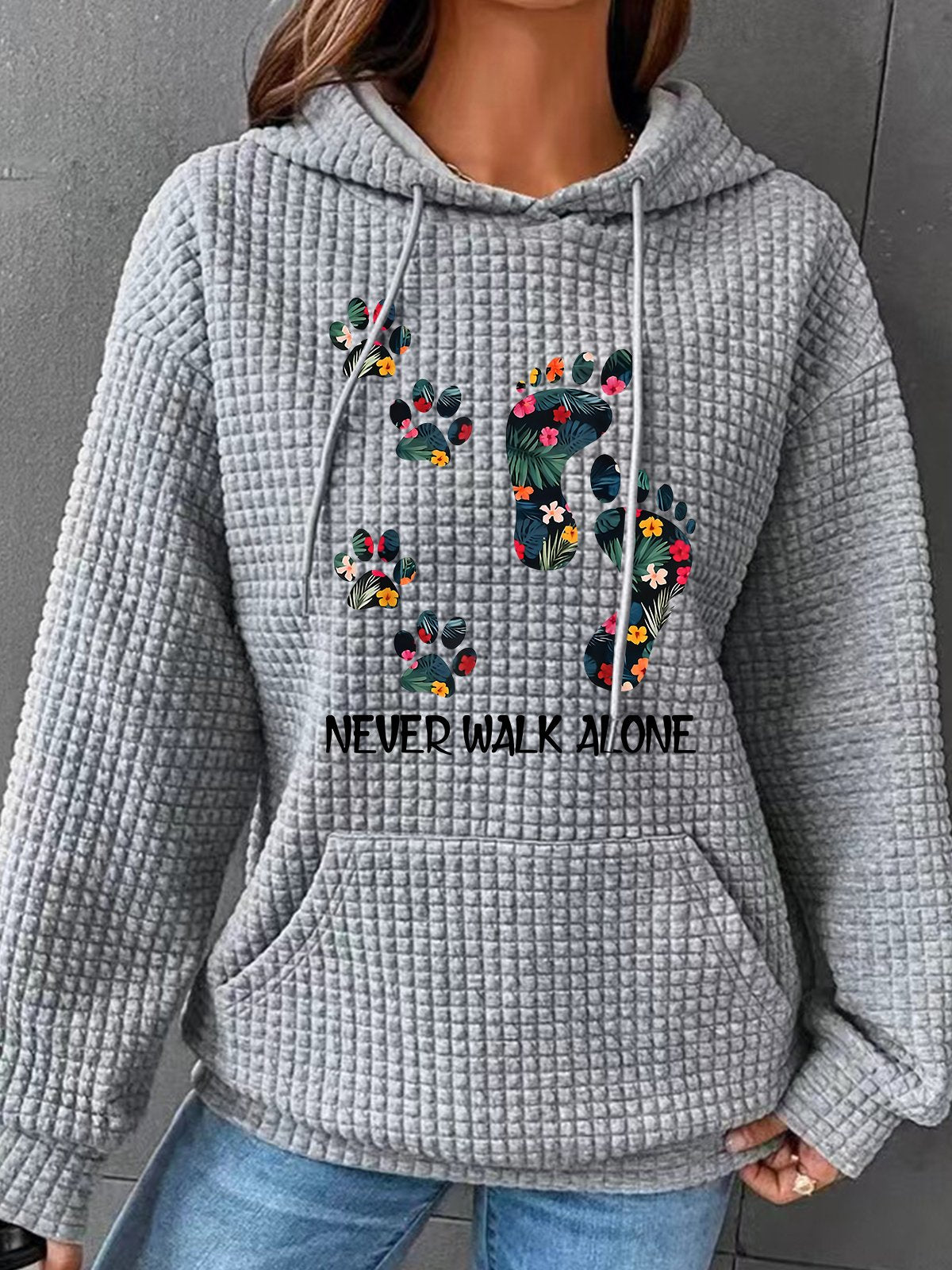 Never Walk Alone Paw Dog Flower Simple Loose Hoodie