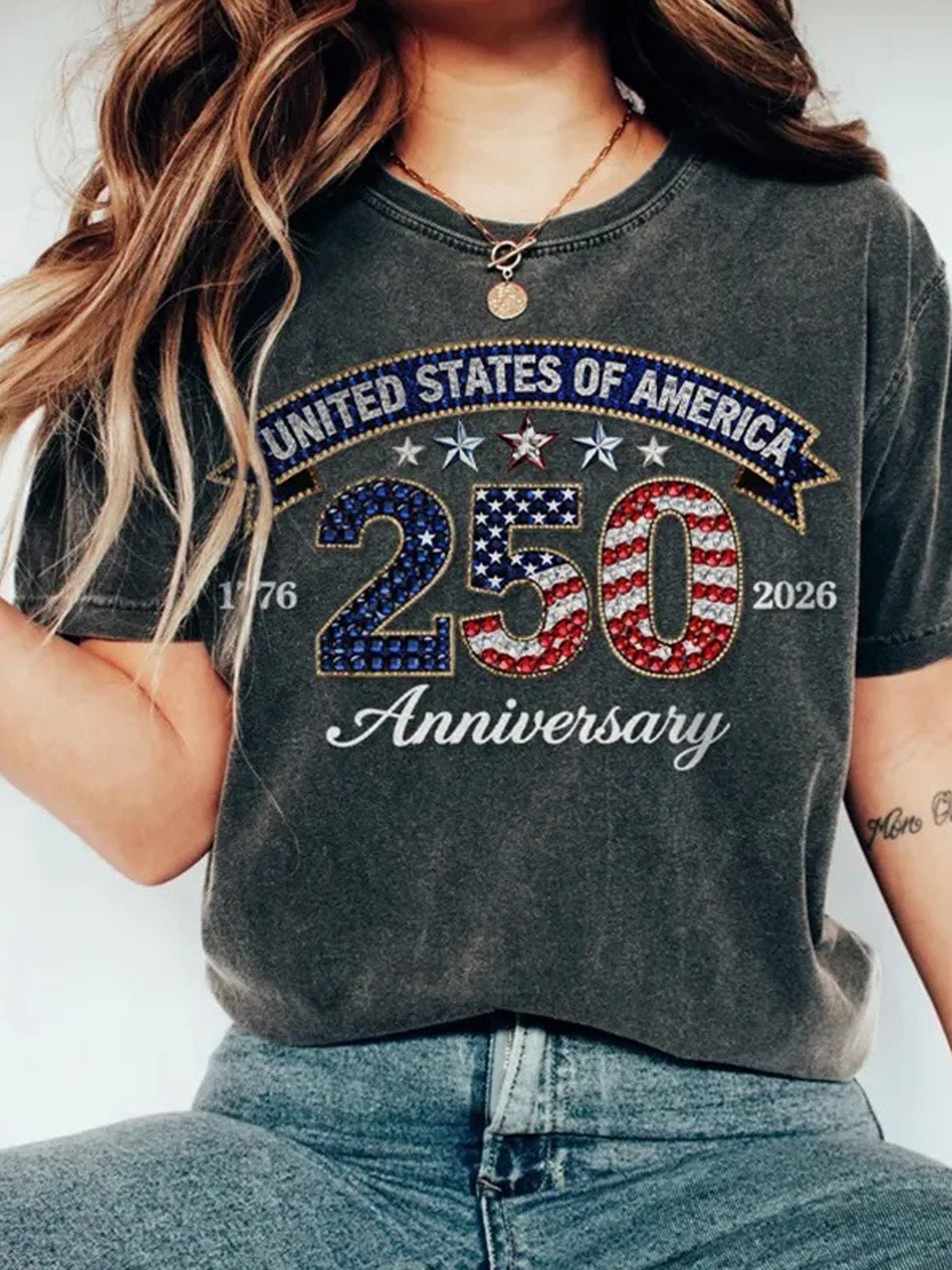 3D printing America Flag 250th Anniversary Vintage Crew Neck Short Sleeve T-Shirt