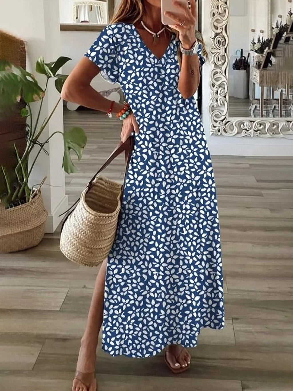 Women's Floral Spring Short Sleeve V-Neck Slit Dress