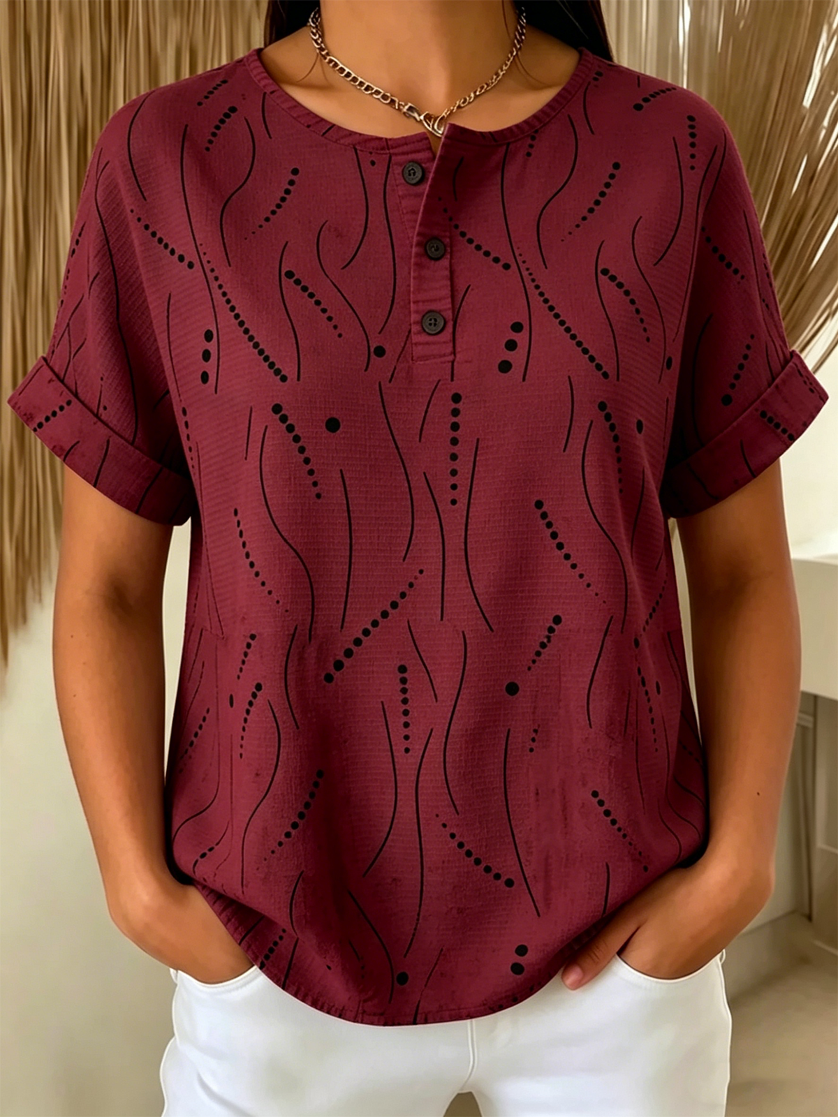 Women’s Abstract Line & Dot Print Henley Neck Short Sleeve T‑shirt