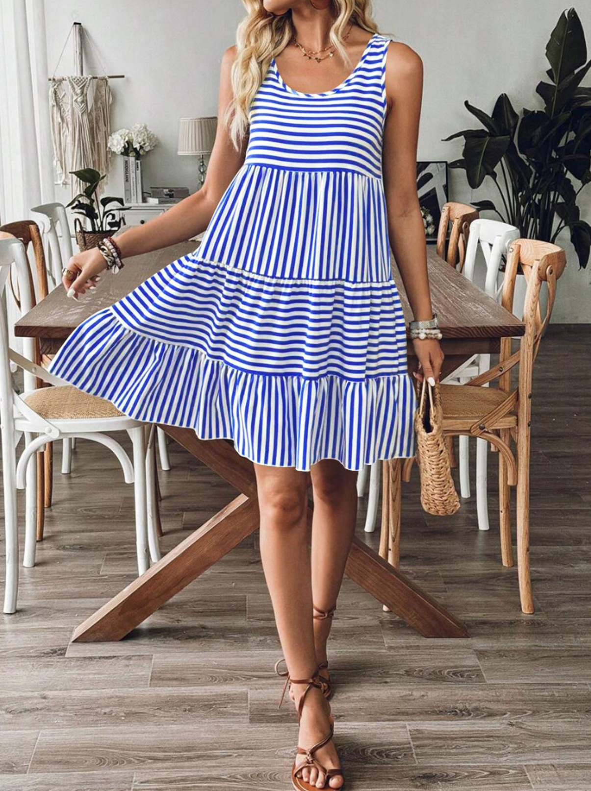 Striped Vacation Crew Neck Sleeveless Summer Casual Dress