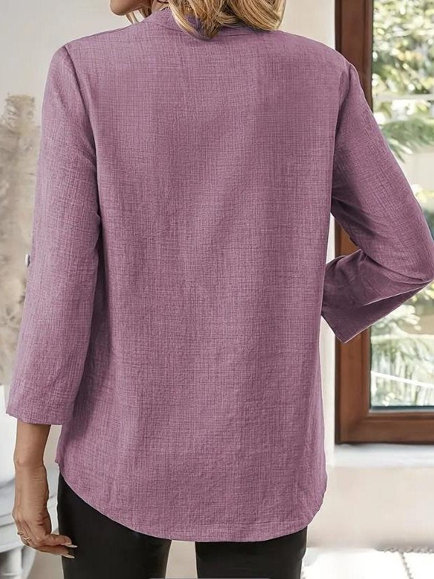 Women's Three Quarter Sleeve Shirt Spring/Fall Green Plain Split Joint Cotton And Linen V Neck Daily Going Out Casual Top