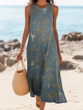 Women's Sleeveless Summer Blue Floral Printing Crew Neck Daily Going Out Casual Maxi H-Line Tank Dress