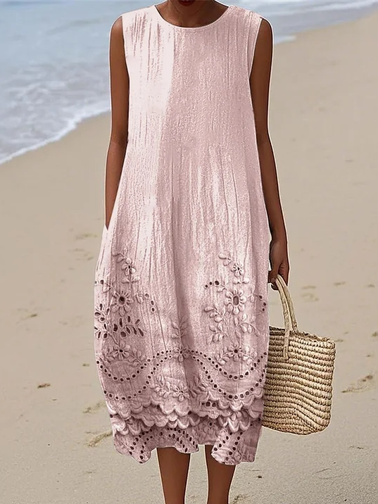 Cottage Floral Lace Embroidered Flowy Linen Tank Dress