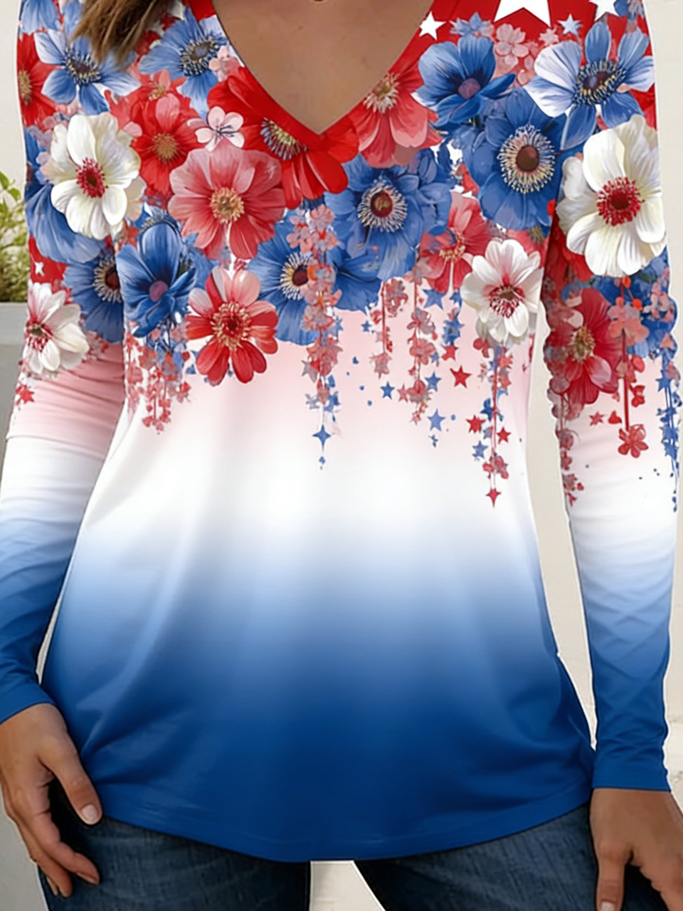 Independence Day Loose Elegant V Neck T-Shirt