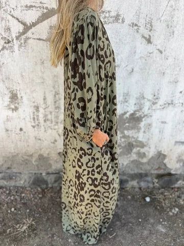 Women's Long Sleeve Spring/Fall Army Green Floral Split Joint V Neck Balloon Sleeve Daily Going Out Vintage Maxi A-Line T-Shirt Dress Dress