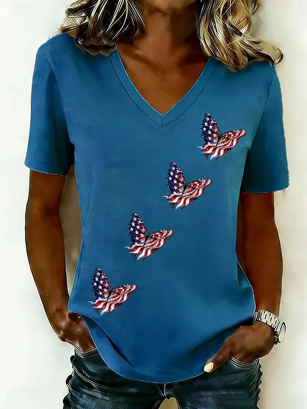 Women's Short Sleeve T-shirt Summer White America Flag Printing V Neck Holiday Going Out Vintage Top