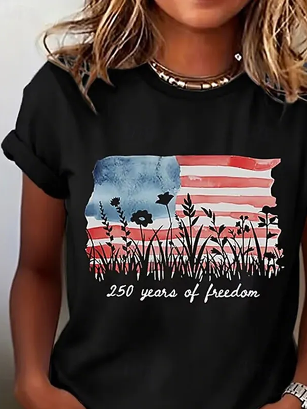 Women's Short Sleeve T-shirt Summer Black Independence Day (Flag) Printing Jersey Crew Neck Daily Going Out Casual Top