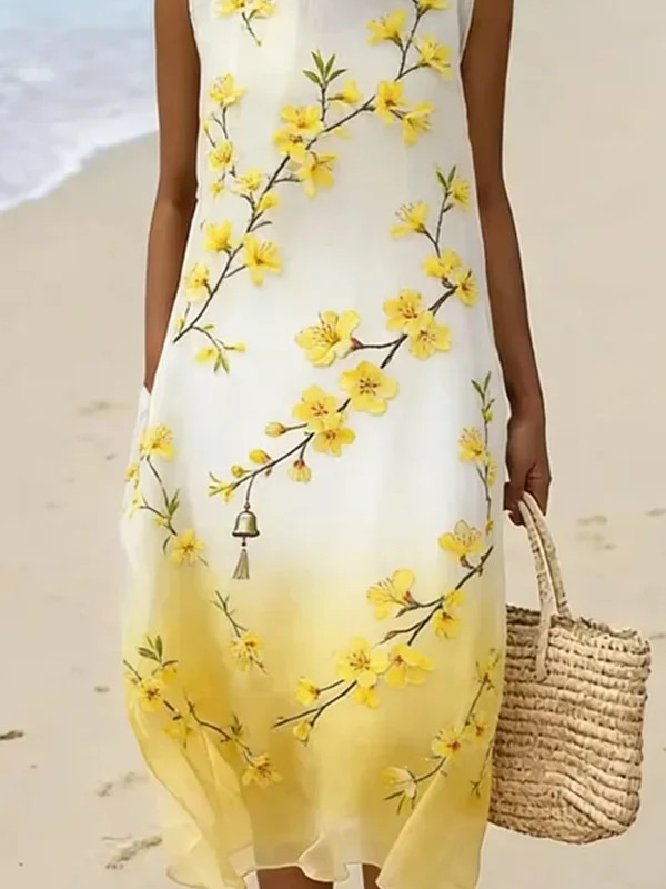 Japanese-style Forsythia And Wind Chime Art Gradient Cotton Linen Dress