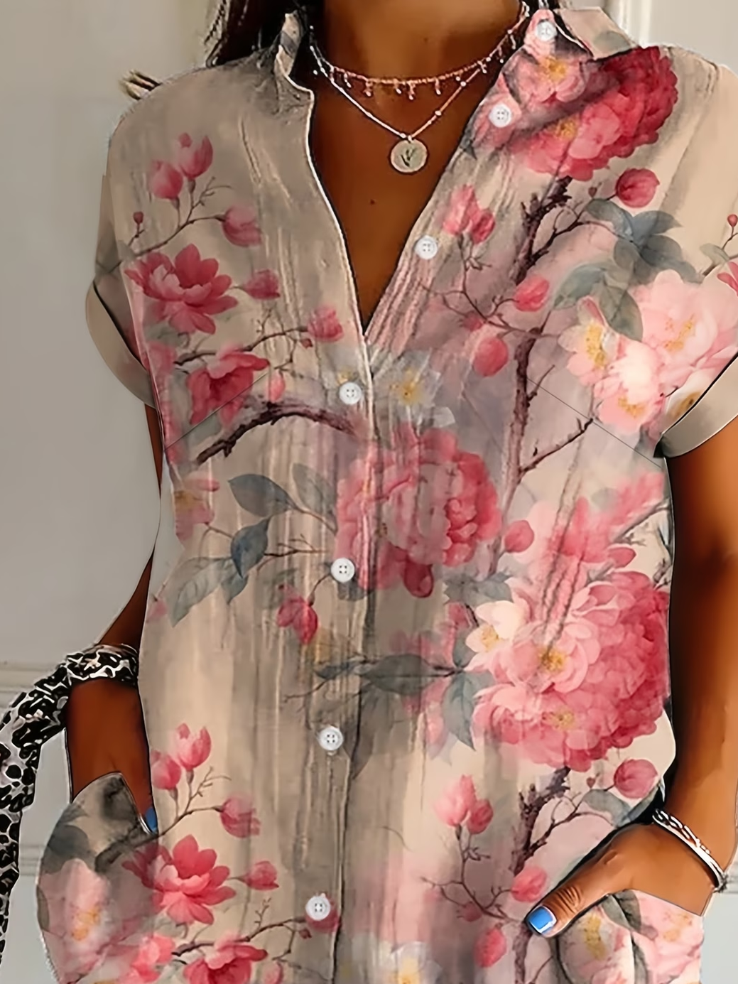 Women's Short Sleeve Shirt Summer Pink Floral Printing Shirt Collar Daily Going Out Casual Top