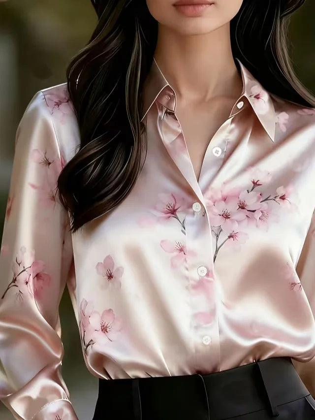 Women's Long Sleeve Shirt Spring/Fall Pink Floral Shawl Collar Daily Going Out Casual Top