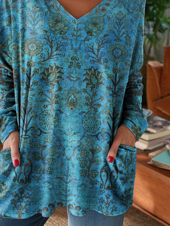 Women's Long Sleeve T-shirt Spring/Fall Blue Floral Printing V Neck Daily Going Out Vintage Top