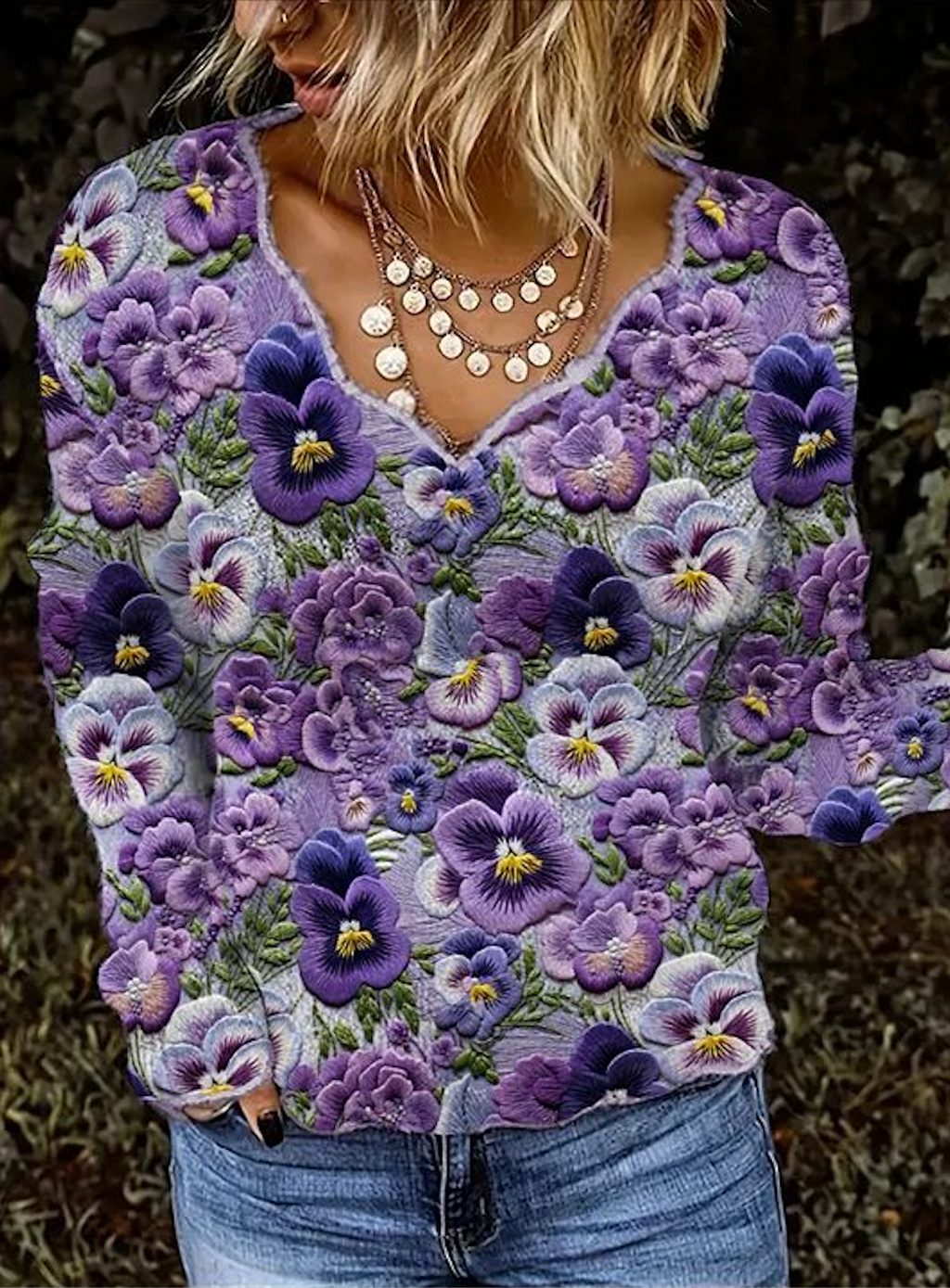Violet Plant Flower Art V-neck Tops