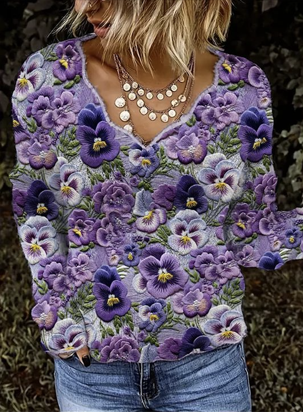 Violet Plant Flower Art V-neck Tops