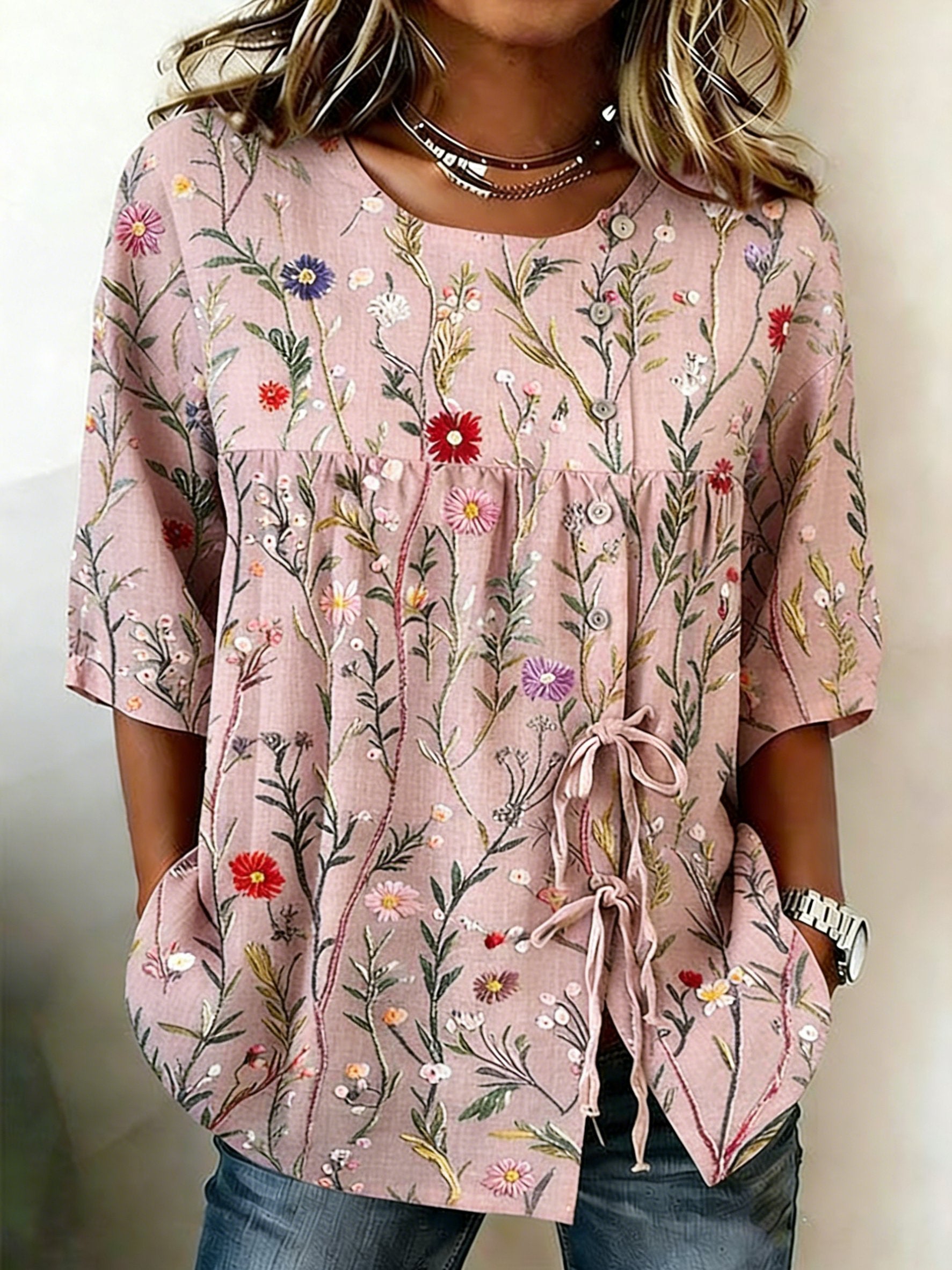 Vintage Crew Neck Linen Blend Floral Blouse