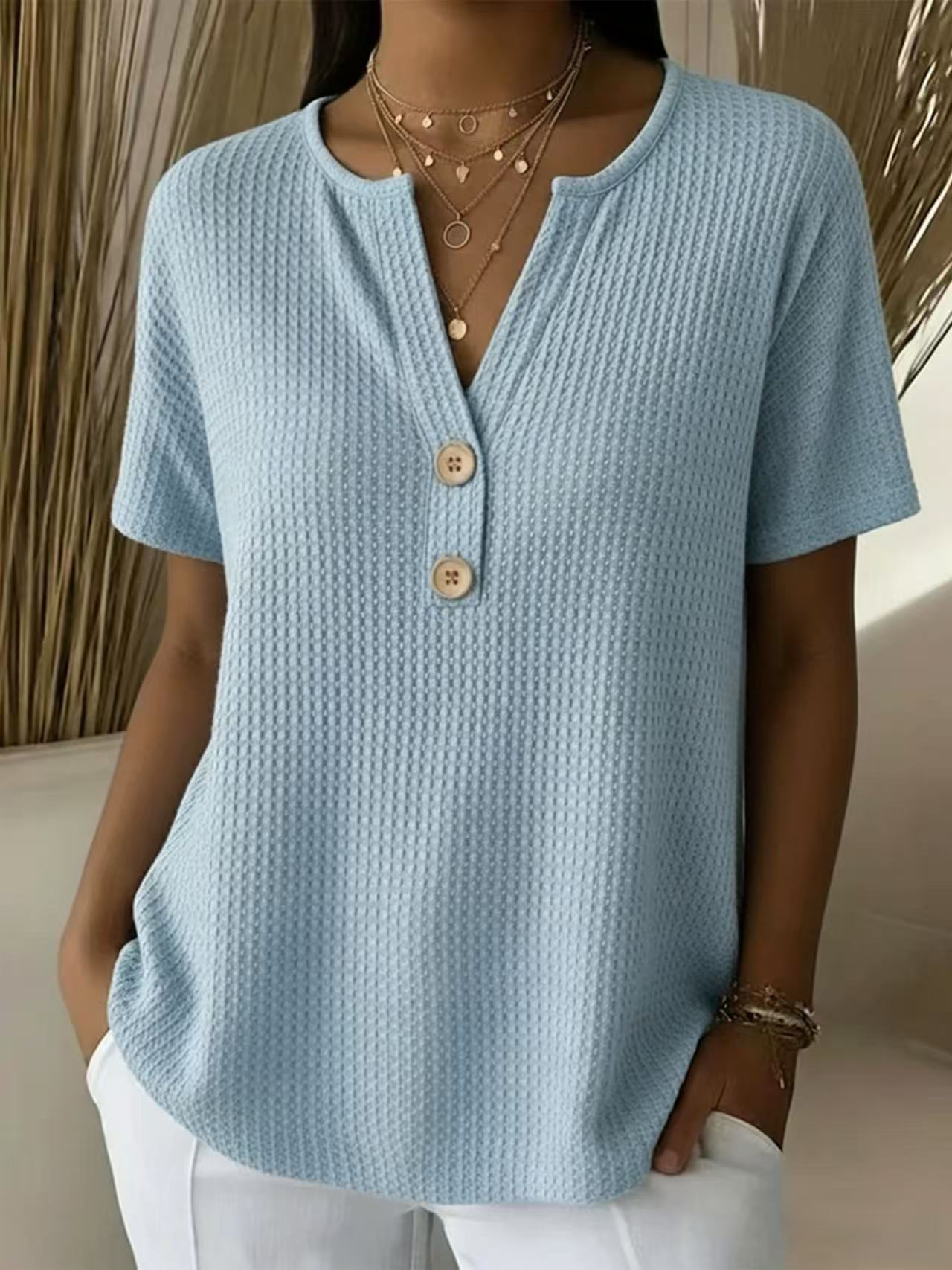 Waffle Plain V Neck Short Sleeve Button Daily Going Out Casual Loose Blouse