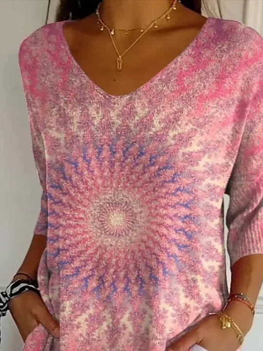 Women's Three Quarter Sleeve T-shirt Spring/Fall Pink Abstract Printing V Neck Daily Going Out Casual Top
