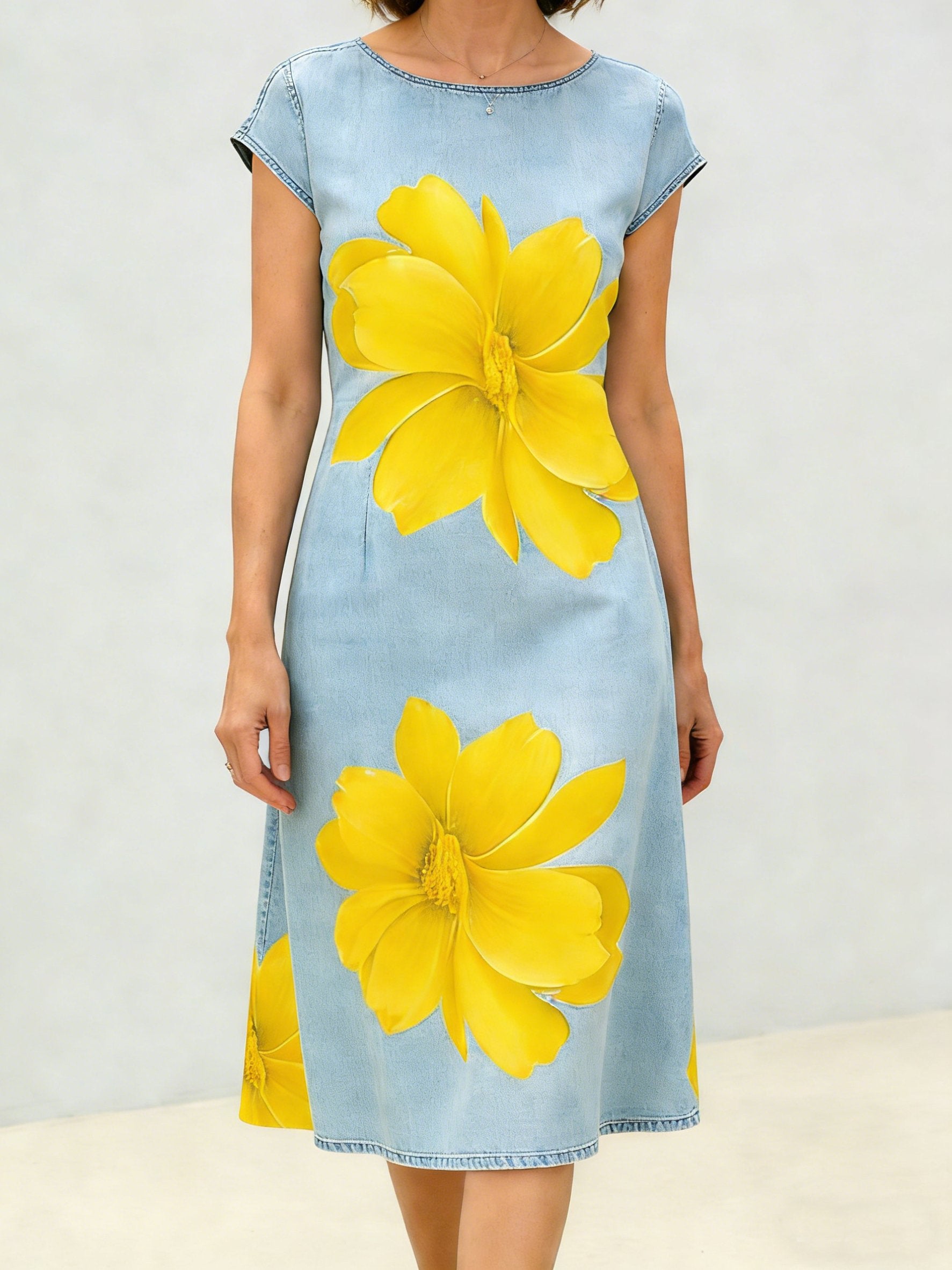 3D Printing Floral Crew Neck Short Sleeve Denim Look/Denim Effect Going Out Casual Dress
