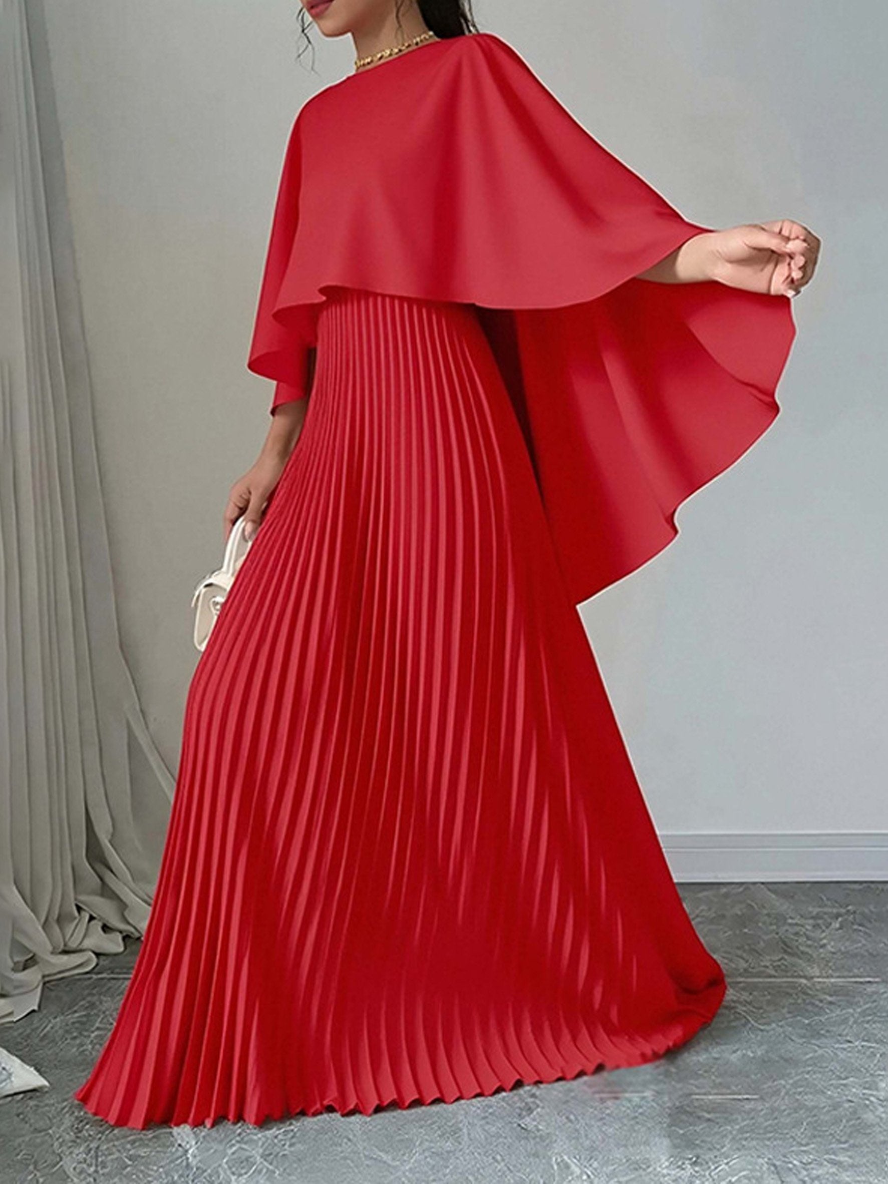 Plain Crew Neck batwing sleeve Pleated Elegant Maxi Dress