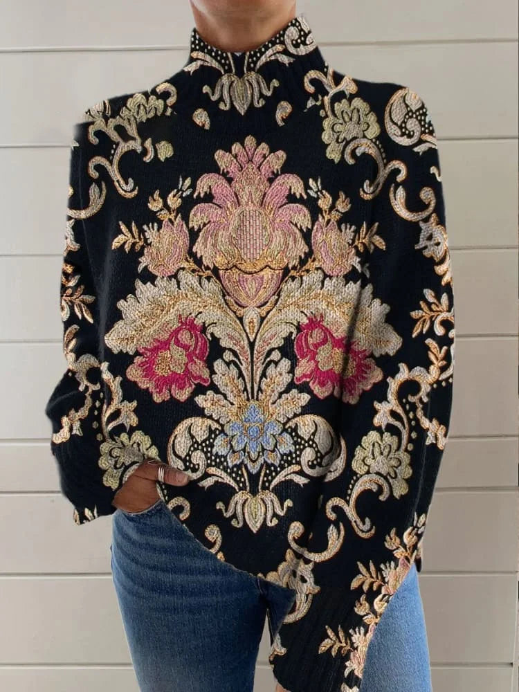 Women Casual Ethnic Polyester Micro-Elasticity Loose Turtleneck Sweatshirt