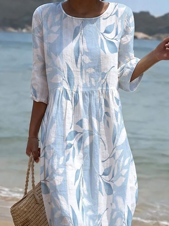 Women's Half Sleeve Summer Blue Floral Printing Crew Neck Daily Going Out Casual Maxi H-Line Dress
