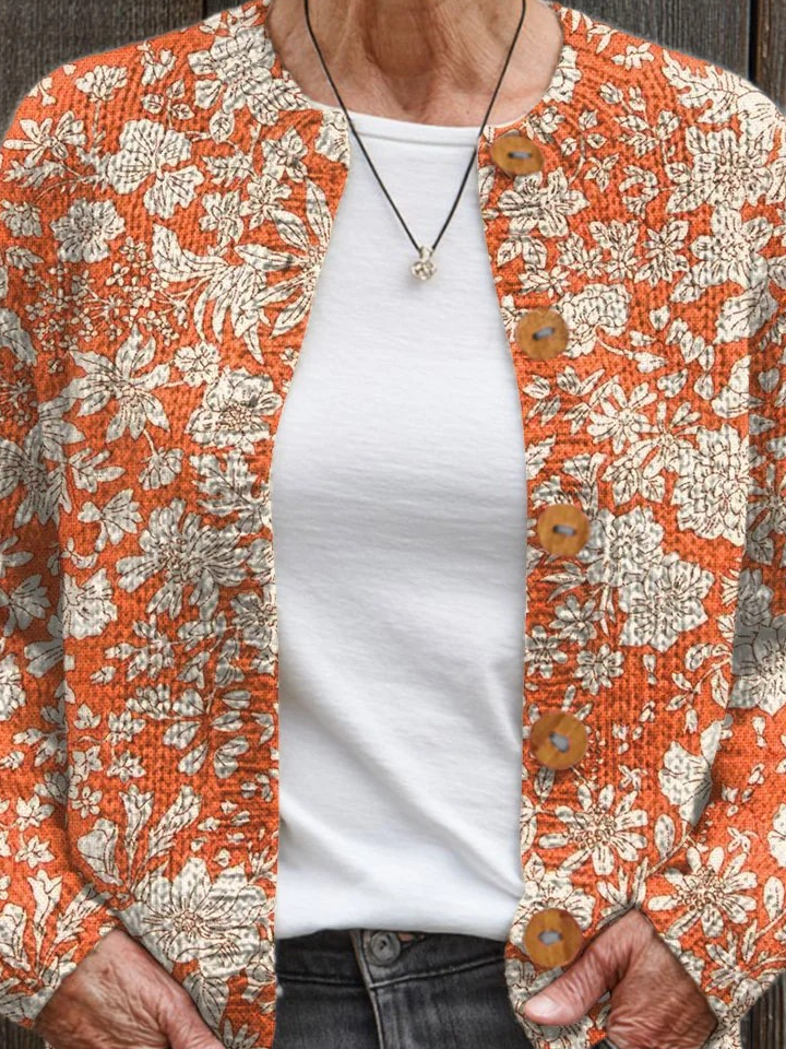 Crew Neck Vintage Loose Floral Cardigan