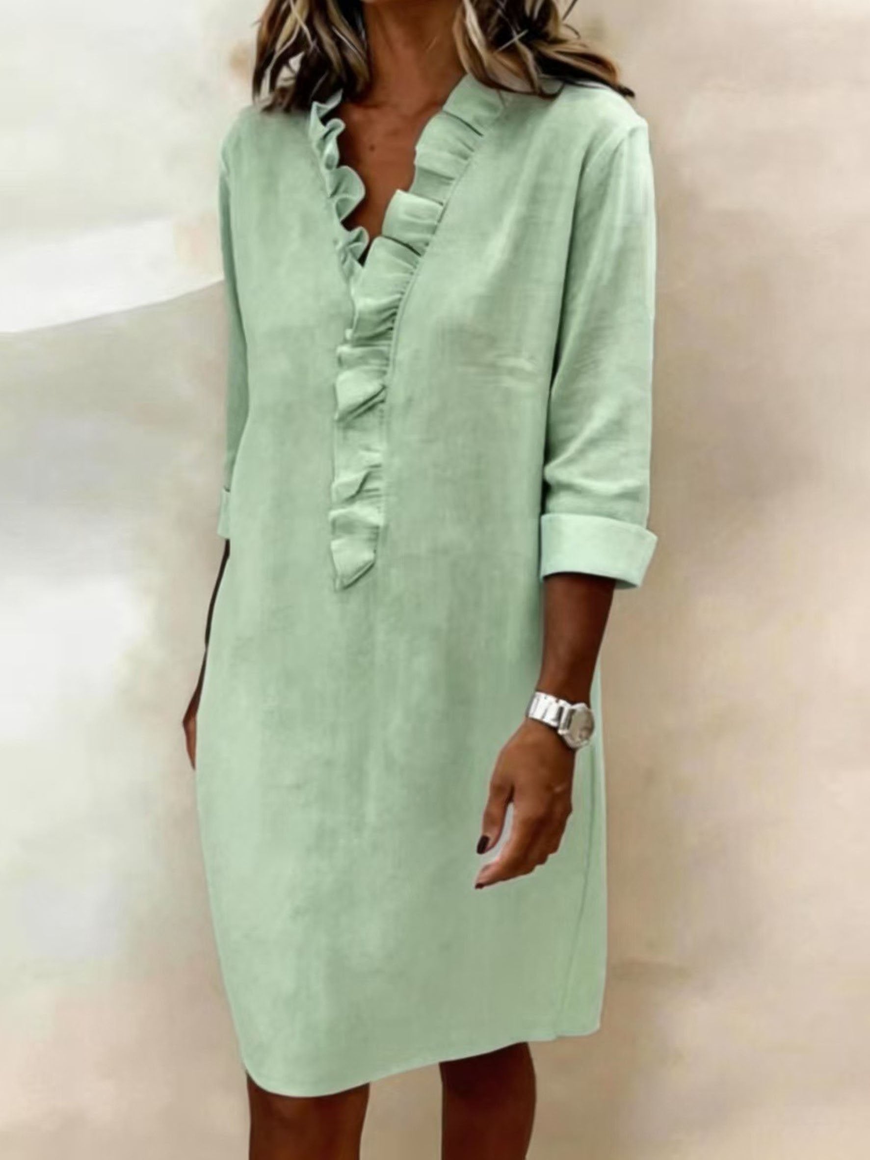 Casual Plain Cotton Blend Half Sleeve Ruffle Detail V Neck Going Out Elegant Shirt Dress