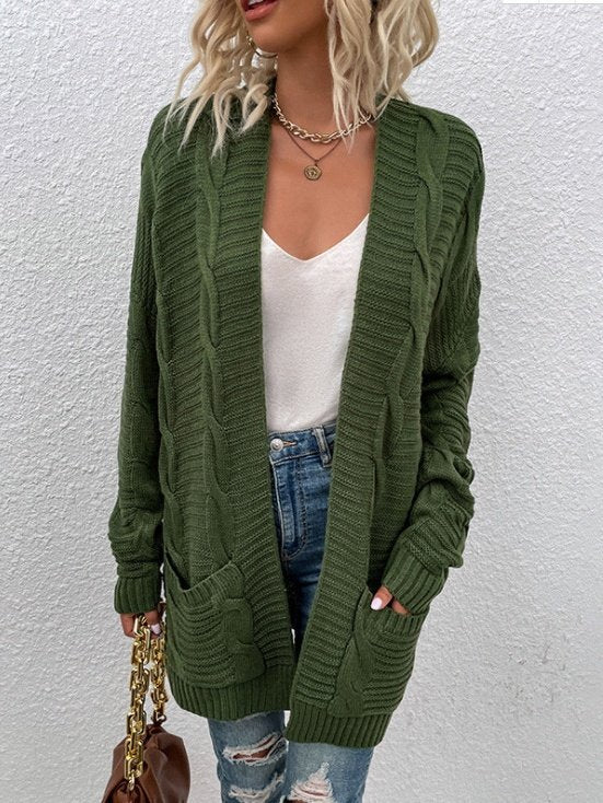 Vintage Split Joint Cable Knit Jacquard Cardigan Sweater Mid-Length Twisted Cord Cardigan