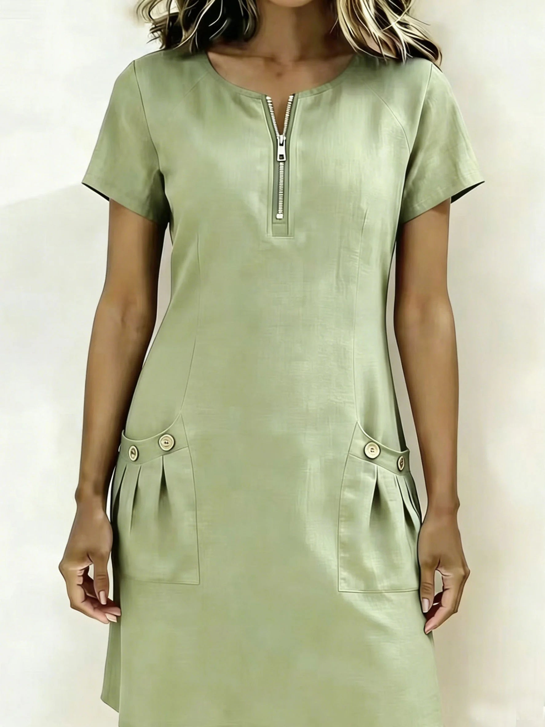 Plain Cotton Linen Short Sleeve Round Neck Zipper Pocket Button Casual Short Dress