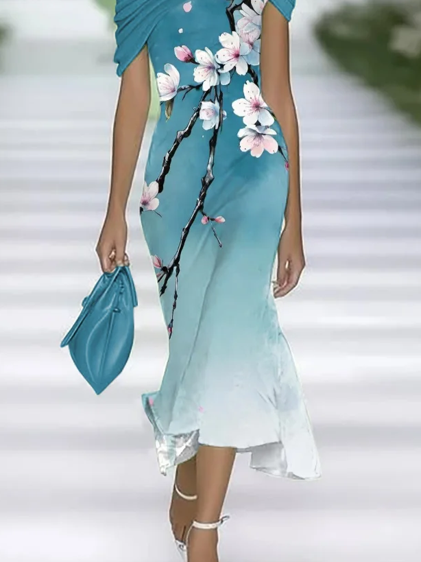 Women's Cap Sleeve Summer Cyan Floral Printing Cold Shoulder Daily Going Out Vintage Maxi H-Line Dress